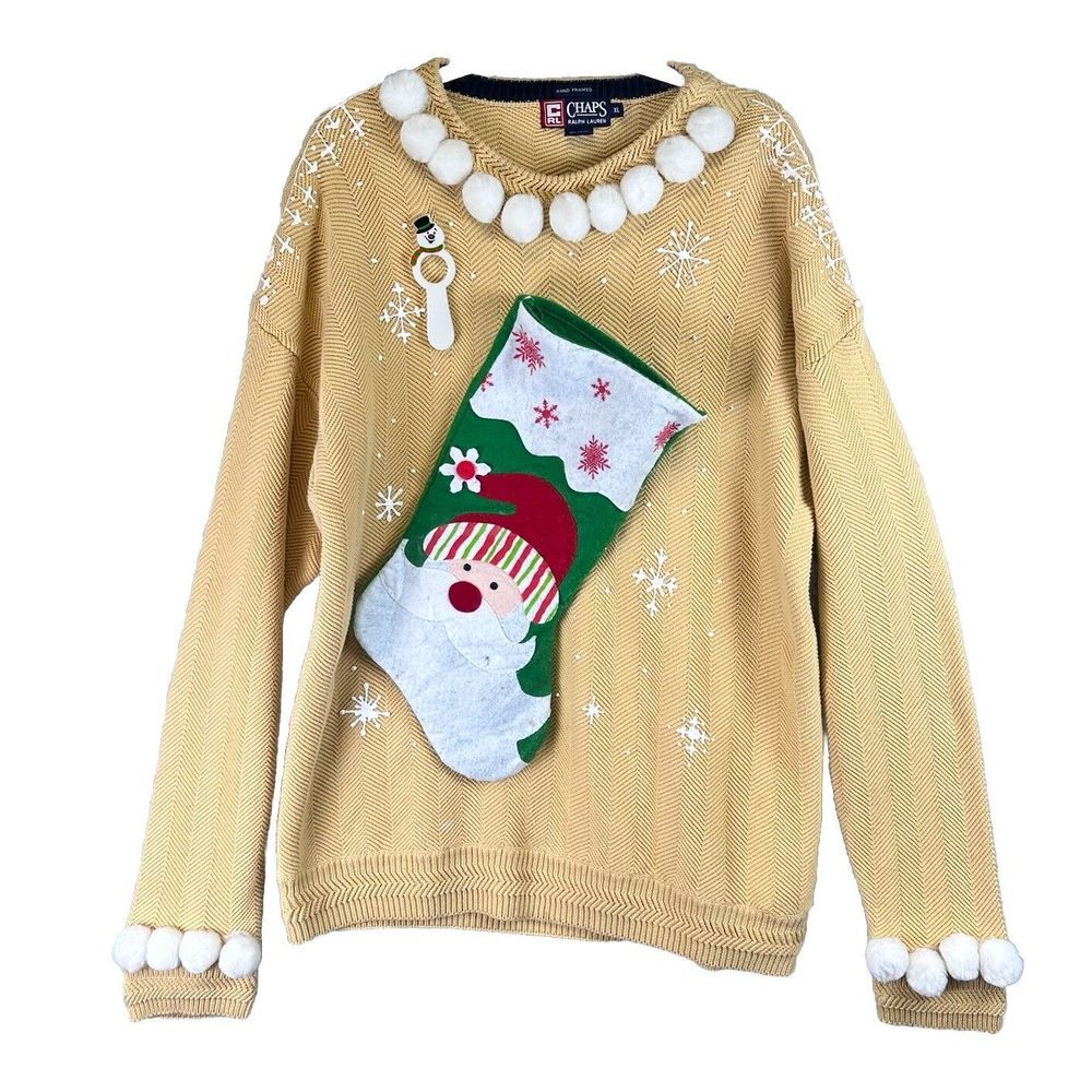 Vintage Hand Framed Ralph Lauren Chaps XL Ugly Christmas Cable Knit Sweater Sock